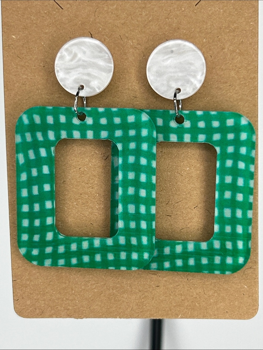 Green Checkered Square Drop Stud Earrings Fashion Jewelry